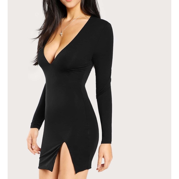 Little Black Dress Long Sleeve Deep V Side Slit - Picture 3 of 6